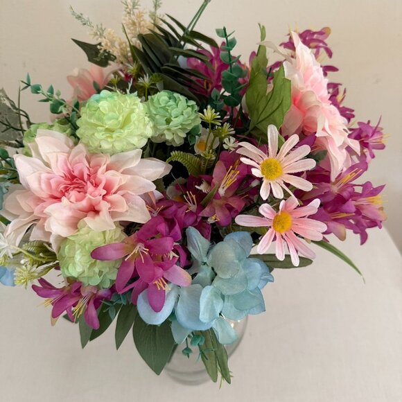 Upcycled Handcrafted Artificial Floral Arrangement Blue Green Pink Flowers OOAK - Picture 6 of 17